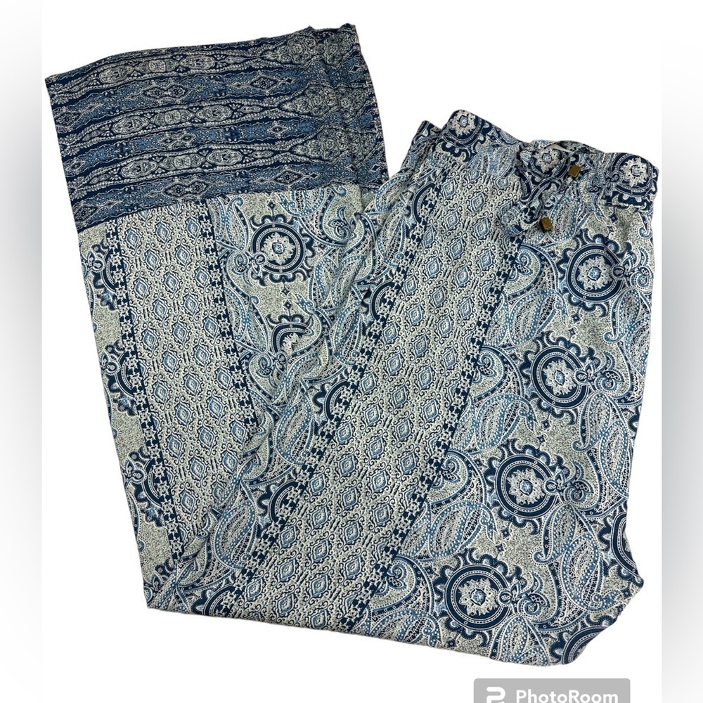 Hester & Orchard Blue Paisley Print Rayon Pull-on Boho Wide Leg Lounge Pants XL